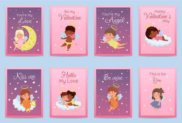 Collection Cartes Voeux Pour Saint Valentin Avec Des Enfants Anges — Image vectorielle