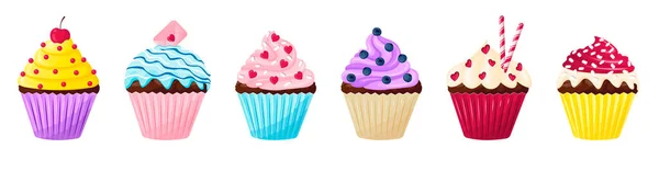 Set Van Leuke Cupcakes Platte Stijl Zoet Gebak Versierd Met — Stockvector