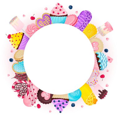 İçinde boş bir daire olan çerçeve, şekerlerden, zencefilli ekmeklerden, şekerlerden, kalp şeklindeki lolipoplardan serpilmiş şekerlemelerden ve kremadan bir şablon.