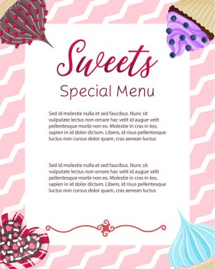 Tatlı dükkanının bej arkaplanlı el ilanı şablonu ve çizgi film tarzı tatlı. Pankart, poster, şekerleme reklamı için ortam tasarımı.