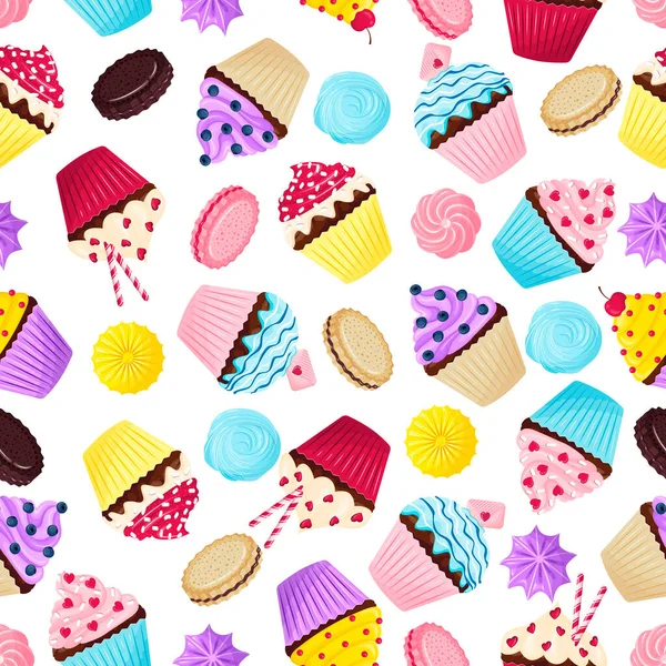 Motif Sans Couture Avec Jolis Cupcakes Biscuits Meringues Sur Fond — Image vectorielle