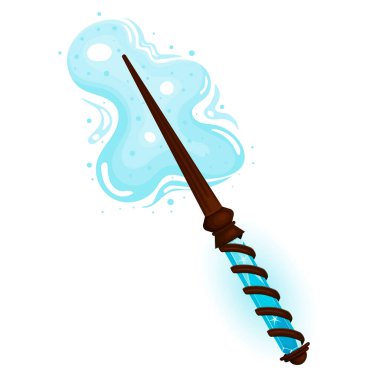 Mavi kristalli ahşap sihirli değnek, sihirli duman, peri tozu ve kıvılcım