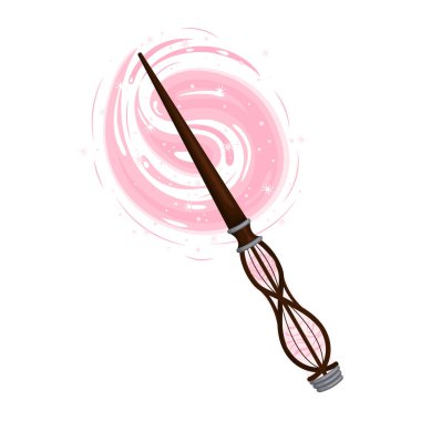 Pembe taşlı ahşap sihirli değnek, sihirli duman, peri tozu ve parlayan girdap