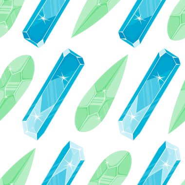 Laygır yeşil ve mavi sihirli kristallerle bembeyaz zemin üzerinde minimalist düz bir şekilde kusursuz desen.