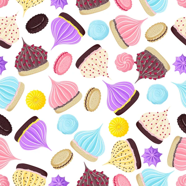 Seamless Pattern Cute Cookies Meringues White Background Cartoon Flat Style — Photo