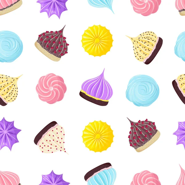 Naadloos Patroon Met Veelkleurige Smakelijke Wervelingen Van Meringue Room Biscuitdeeg — Stockfoto