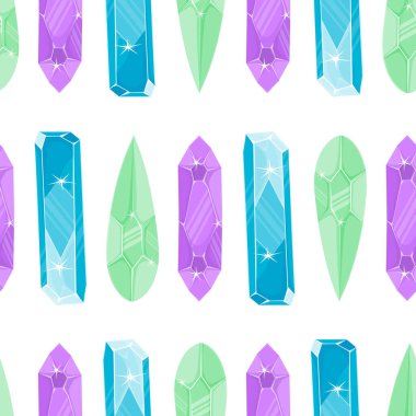 Laygır yeşili, mor ve mavi sihirli kristallerle bembeyaz arka planda minimalist düz bir şekilde kusursuz desen.