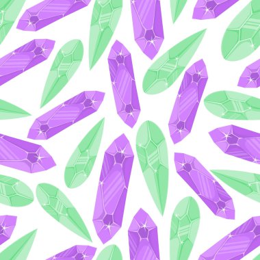 Açık yeşil ve mor sihirli kristallere sahip pürüzsüz desenler, beyaz arka planda basit, minimalist düz bir tarzda.