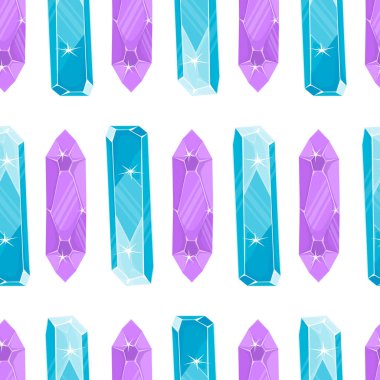 Mor ve mavi sihirli kristallere sahip kusursuz desen, beyaz arka planda basit, minimalist düz bir şekilde.
