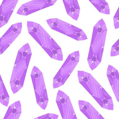 Mor sihirli kristallerle bembeyaz arkaplanda minimalist düz bir şekilde kusursuz desen.