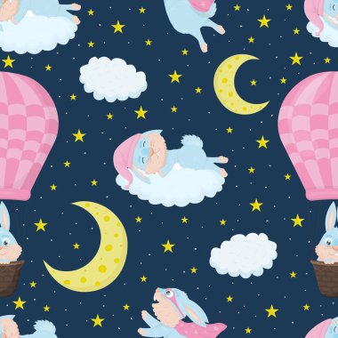 Tertemiz desenli, tatlı mavi uyuyan tavşan, gökyüzünde süper kahraman, sıcak hava balonunda.