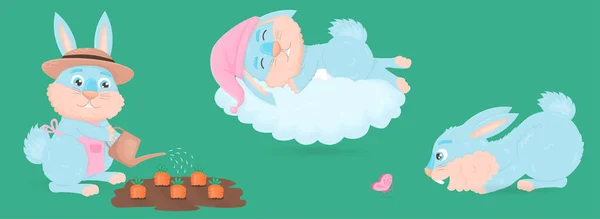 Coleção Coelhos Bonitos Desenhos Animados Azuis Coelho Dorme Uma Nuvem — Vetor de Stock