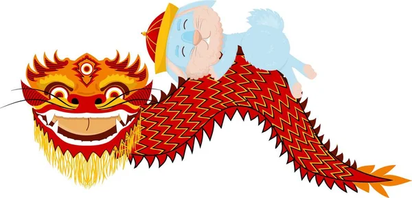戴着中国帽的可爱卡通蓝兔睡在龙身上 — 图库矢量图片