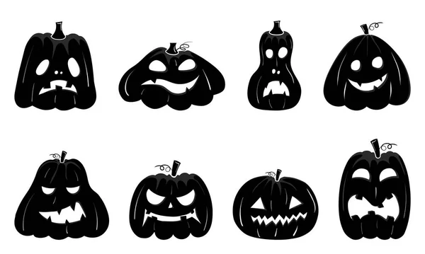 Silhouettes Noires Visages Citrouille Halloween Isolés Sur Fond Blanc — Image vectorielle