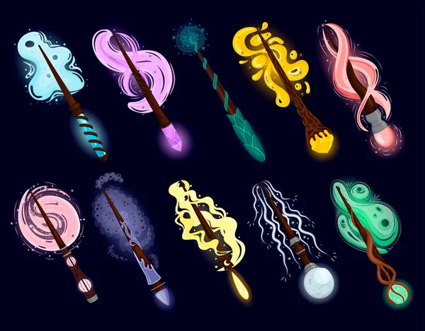 set of magic fairy wands with magic glow, dust, stars