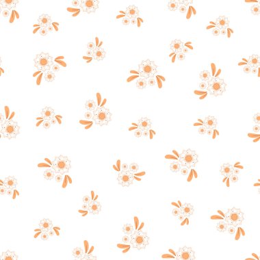 Kusursuz desen, sonbaharda düz çizgi film tarzında beyaz arkaplanda izole edilmiş sıcak renklerde çizilmiş küçük soyut çiçek buketleri..