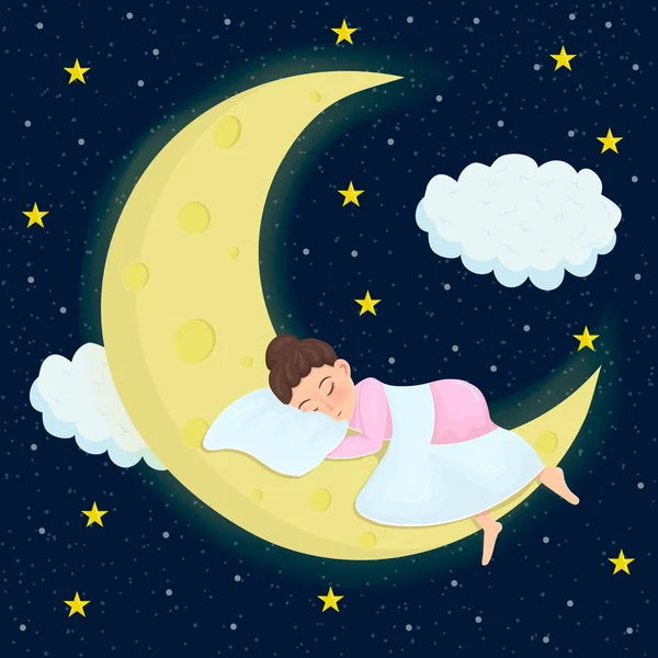 little girl sleeps under a blanket on a pillow on a crescent moon against the background of the night starry sky