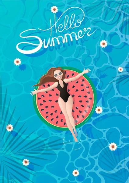 Girl in sunglasses in a black one-piece swimsuit floats on a watermelon mattress in a pool