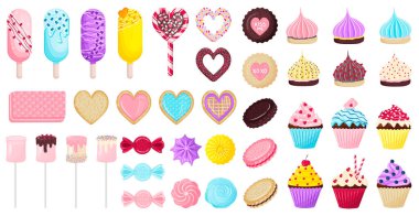 Şekerler, kurabiyeler, kekler, dondurmalar, waffle 'lar, çubuklardaki şekerlemeler, lolipoplar, Sevgililer Günü için böğürtlenler ve kalplerle süslenmiş kremalar.