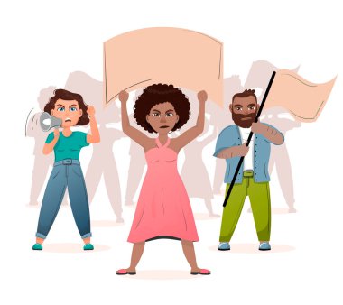 Genç Afro-Amerikan lideri kafasında büyük bir pankartla ayakta duruyor, şikayetçi protestocuların, pankartlı, bayraklı ve hoparlörlü eylemcilerin protestolarını destekliyor.