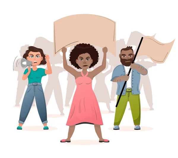 Young african american leader standing disgruntled with a large placard over her head, supporting the protests against the backdrop of disgruntled protesters, activists with placards, flags and a loudspeaker