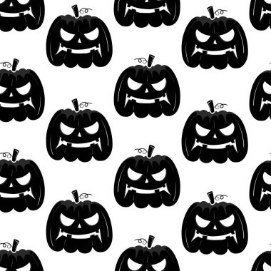Beyaz bir arkaplanda cadılar bayramı için siyah kabak yüzlü kusursuz bir desen.