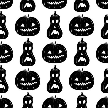 Beyaz bir arkaplanda cadılar bayramı için siyah kabak yüzlü kusursuz bir desen.