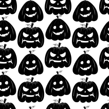 Beyaz bir arkaplanda cadılar bayramı için siyah kabak yüzlü kusursuz bir desen.