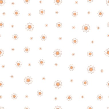 Seamless pattern with autumn small lined abstract flowers in warm colors isolated on white background in flat cartoon style