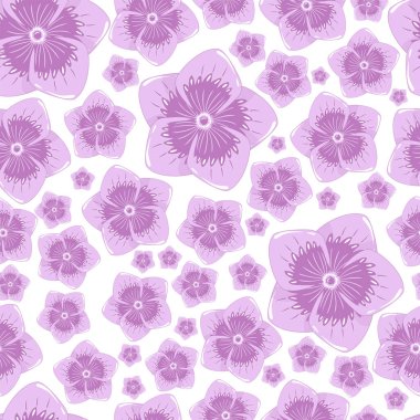 Kusursuz botanik süsleme deseni, sonbahar küçük soyut mor çiçekleri beyaz arka planda düz çizgi film tarzında izole edilmiş sıcak pastel renklerde.