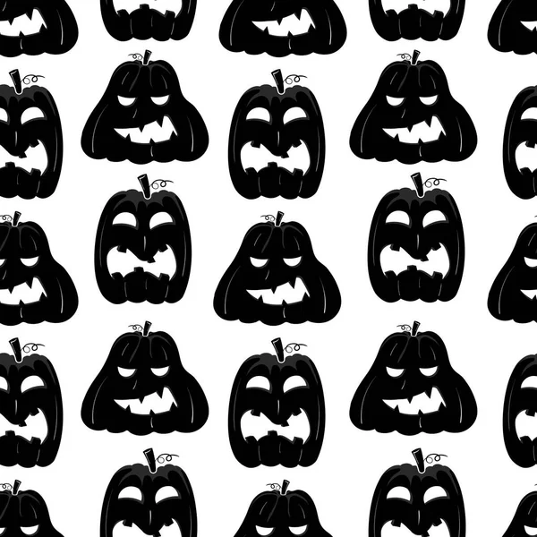 Seamless Pattern Black Silhouette Pumpkin Face Halloween White Background —  Vetores de Stock