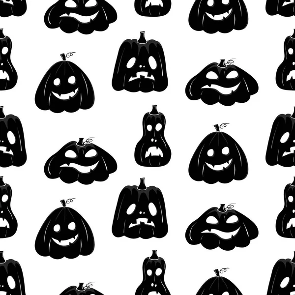 Seamless Pattern Black Silhouette Pumpkin Face Halloween White Background — Vetor de Stock