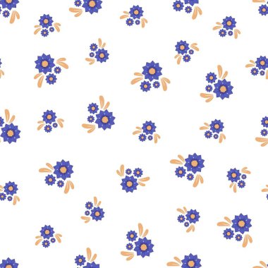 Sonbahar küçük soyut mavi çiçek buketleriyle kusursuz desen beyaz arkaplanda düz çizgi film tarzında izole edilmiş sıcak renklerde..
