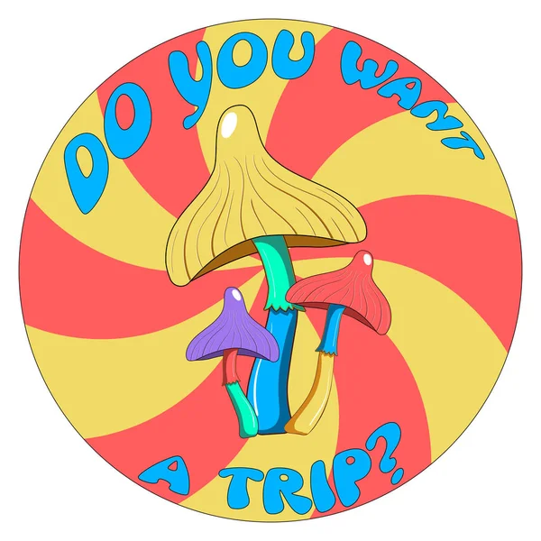 Retro Illustration Psychedelic Hallucinogenic Bright Hippie Mushrooms Style 70S Circle — Stok Vektör