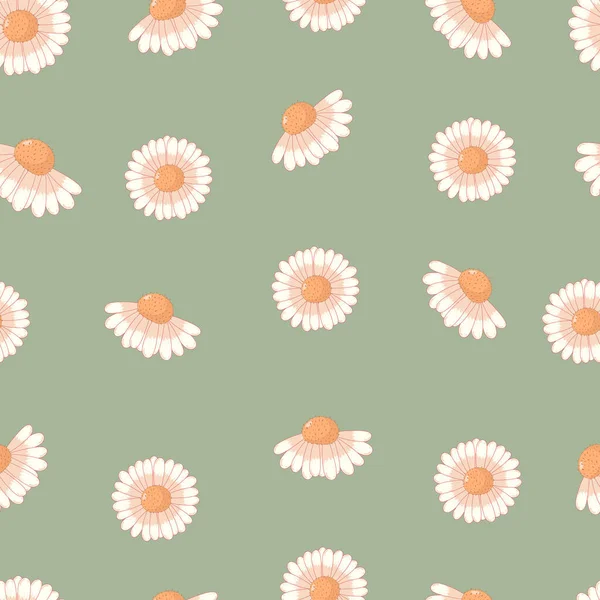 Seamless botanical ornament pattern with autumn daisies in pastel colors isolated on green background in flat cartoon style.