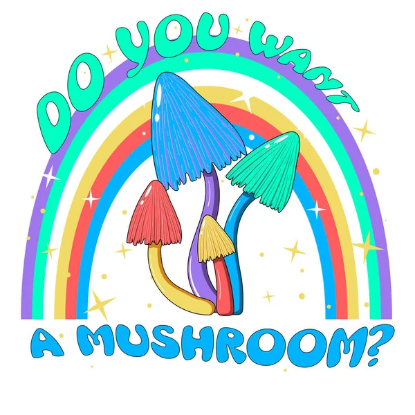 Retro Illustration Psychedelic Hallucinogenic Bright Hippie Style Mushrooms 70S Style — Stok Vektör