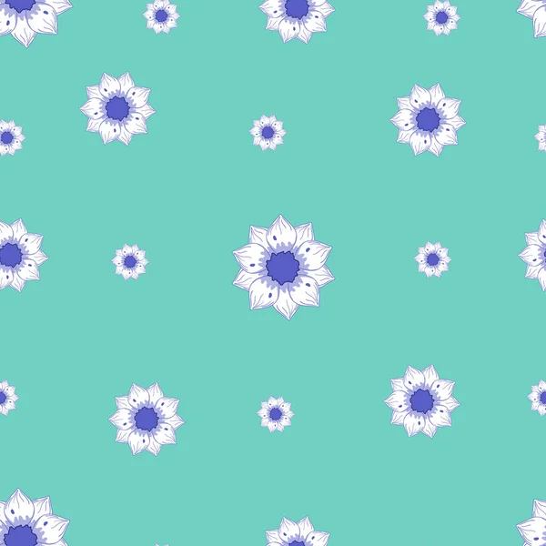 Seamless pattern with autumn lined blue abstract flowers in warm colors isolated on green background in flat cartoon style.