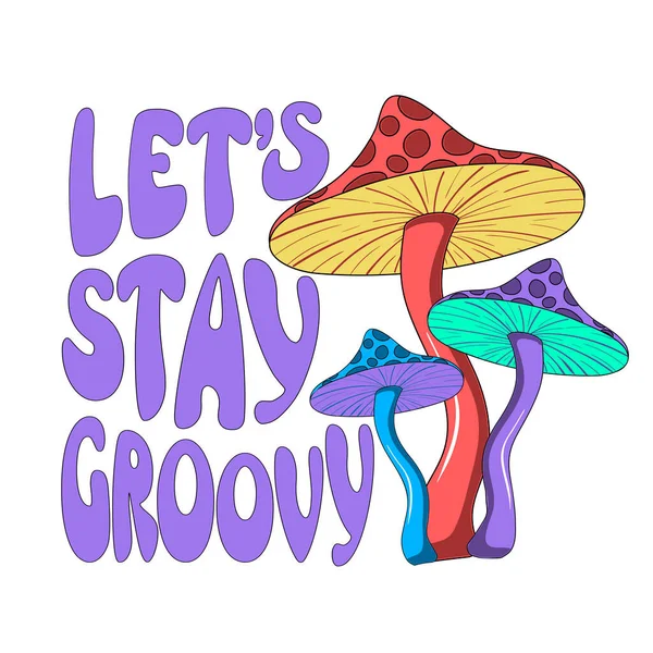 Retro Illustration Psychedelic Hallucinogenic Colorful Hippie Mushrooms Fly Agaric 70S — Stok Vektör