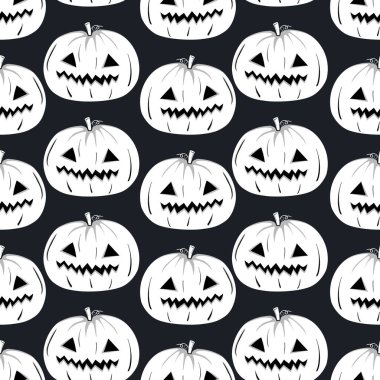 Kusursuz desenli, balkabağı yüzlü, beyaz siluetli, koyu arkaplanda cadılar bayramı için siyah gözlü..