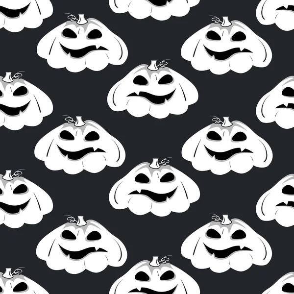 Seamless pattern with white silhouette of a pumpkin face with black eyes for halloween on the dark background.