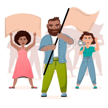 Adult bearded male leader waving a protest flag while supporting the protests against the backdrop of disgruntled protesters, activists with placards and a loudspeaker.