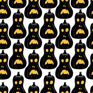 Beyaz bir arka planda cadılar bayramı için sarı parlayan gözleri olan siyah kabak yüzlü kusursuz bir desen..