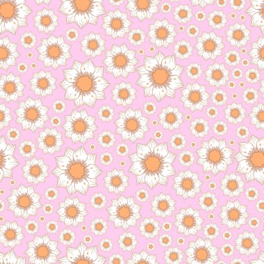 Pembe arka planda düz çizgi film tarzında izole edilmiş sonbahar beyaz çizgili çiçekleri olan pürüzsüz desen..