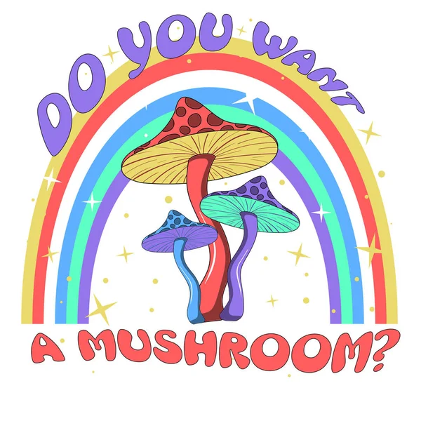 Retro Illustration Psychedelic Hallucinogenic Bright Hippie Style Fly Agaric Mushrooms — Stock vektor