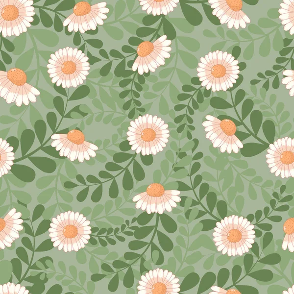 Seamless botanical ornament pattern with autumn daisies in pastel colors isolated on background with green foliage in flat cartoon style.