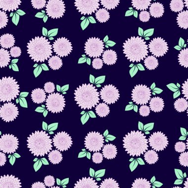 Tekstil, ev dekorasyonu, bahçede çiçek açma teması üzerine duvar kâğıdı basmak için karanlık bir zemin üzerinde izole edilmiş mor asterlerden oluşan botanik süslemeleri olan kusursuz desenler..
