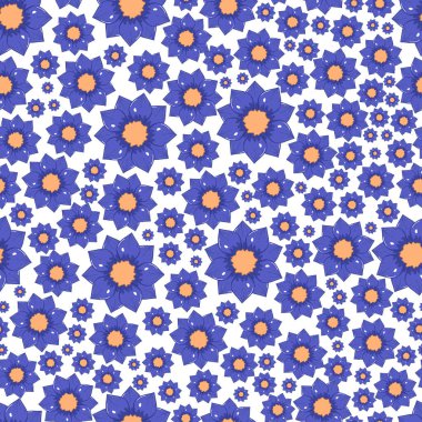 Sonbahar mavi çiçekleriyle kusursuz desen, beyaz arkaplanda düz çizgi film tarzında izole edilmiş sıcak renklerde..