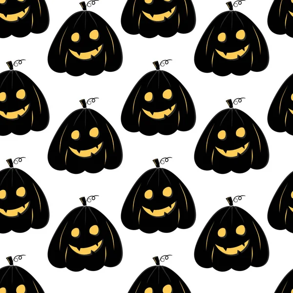 Seamless Pattern Black Silhouette Pumpkin Face Yellow Glowing Eyes Halloween — Stock Vector