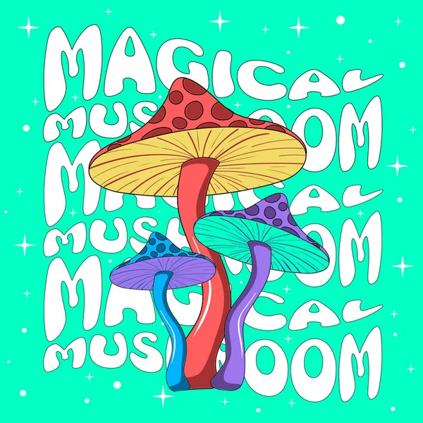 Retro Illustration Psychedelic Hallucinogenic Bright Mushrooms Hippie Style 70S Green — Stok Vektör
