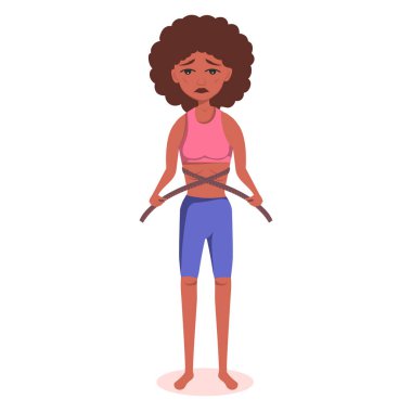 very thin Afro American Black woman with a mental disorder of anarexia and bulimia measures her waist with a centimeter tape, feeling fat, dissatisfied with her weight, wants to lose even more weight. clipart